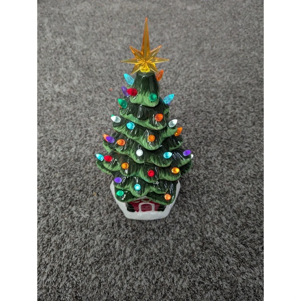 Ceramic Green Christmas Tree On House With LED Lighting Holiday Art Decor 18